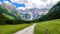 Beautiful alpine valley, gravel road, green meadows surrounded by mountains. Jezersko, Slovenia. Royalty Free Stock Photo