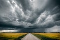 Gravel road in the middle of green and yellow fields and stormy clouds above it Royalty Free Stock Photo
