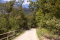 Gravel road in the mountain with a wooden railing at the edge of it Royalty Free Stock Photo