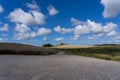 Gravel road surrounded by lush green fields in Nationalpark Thy, Denmark.