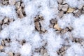 Gravel with snowflakes texture. Small stones, little rocks, pebbles in many shades of grey partially covered with snow.
