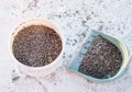 Gravel used on slippery streets roads. Person scattering gravel sand on footpath to reduce slipperiness.