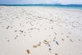 Gravels on white sand beach. Light blue sky background. Summer t