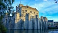 Gravensteen or Castle of the Counts, famous medieval monument in Ghent, Belgium, with Lieve river around