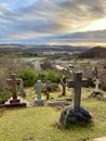 Graves at the top of Tomnahurich Cemetery Hill, Inverness, with view of the town.