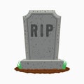 Gravestone with grass on ground. Old tombstone on grave with text RIP. Vector.
