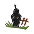 Gravestone with grass on the ground. Vector memorial tombstone on the grave, text RIP isolated element Royalty Free Stock Photo