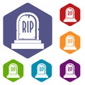 Gravestone with RIP text icons set hexagon Royalty Free Stock Photo