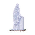 Gravestone with sculpture of woman in grief. Vintage tombstone and gothic stone statue. Christian headstone of tomb