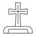 Gravestone thin line icon. Cemetery box with christian cross. Halloween party vector design concept, outline style