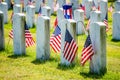 Gravestones with American flags in a military cemetery Royalty Free Stock Photo