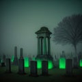 Gravestones in a cemetery at night with fog and full moon