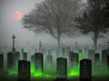 Gravestones in a cemetery at night with fog and full moon