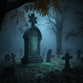 Gravestones in the cemetery at night with fog. Halloween concept Royalty Free Stock Photo