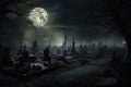 Gravestones in the cemetery at night with moon. Halloween concept, An ominous, haunting graveyard under the full