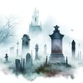 Gravestones and church in foggy graveyard, Halloween background. Generative AI animal ai