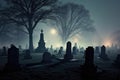 gravestones in foggy cemetery, full moon backdrop