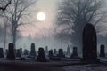 gravestones in foggy cemetery, full moon backdrop