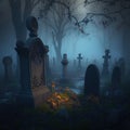 Gravestones in a foggy graveyard. Halloween background. 3D rendering Royalty Free Stock Photo