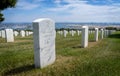 Gravestones at a memorial cemetery for military veterans in Point Loma near San Diego, California