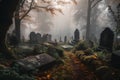 Gravestones in a misty graveyard in autumn, UK.