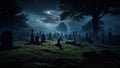 Gravestones in the old cemetery at night. Halloween concept