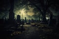 Gravestones in the old cemetery at night. Halloween concept