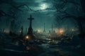 Graveyard with candles on Halloween, scary cemetery at creepy night Royalty Free Stock Photo