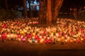 Graveyard candles on Polish cemetery during All Saints Day at night Royalty Free Stock Photo