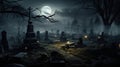 Graveyard cemetery In Spooky dark Night full moon. Holiday event halloween background concept Royalty Free Stock Photo