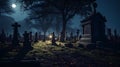 A graveyard at night, filled with silent gravestones, their shadows long and eerie under the full moon light -