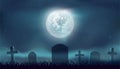 Graveyard at night. Fog. Sinister. Memorial park or crypts graveyard. Halloween landscape with gravestones. Party Banner