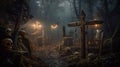 Graveyard At Night With Pumpkins And Skeletons - Halloween Card In Forest With Wooden Sign Board, generative ai