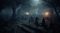 A graveyard at night shrouded in thick foggy haze Royalty Free Stock Photo