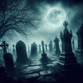 Graveyard at Night Under a Full Moon with Fog Royalty Free Stock Photo