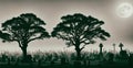 A graveyard shrouded in mist, with weathered tombstones standing sentinel amidst gnarled trees towards the moon.