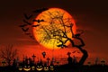 graveyard silhouette halloween Abstract Background. Zombie Rising Out Of A Graveyard cemetery In Spooky scary dark Night.