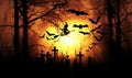 graveyard silhouette halloween Abstract Background. Zombie Rising Out Of A Graveyard cemetery In Spooky scary dark Night.