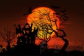 graveyard silhouette halloween Abstract Background. Zombie Rising Out Of A Graveyard cemetery In Spooky scary dark Night.