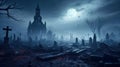 Graveyard with spooky blue mist, old scary cemetery on Halloween night Royalty Free Stock Photo