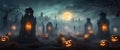 Graveyard in spooky death Forest At Halloween Night banner with full moon and glowing pumpkins. Royalty Free Stock Photo