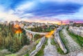 Gravina in Puglia ancient town, bridge and canyon at sunrise Royalty Free Stock Photo