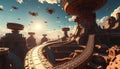 Gravity-defying bridge in a metaverse world, where paths bend and twist through a sky filled with floating data clusters and AI-