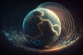 Gravity planet earth, gravitational waves concept. Physical and technology background. Design with gravity grid and