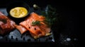 Gravlax - Cured salmon with mustard sauce, thinly sliced on a dark slate