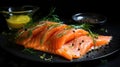 Gravlax - Cured salmon with mustard sauce, thinly sliced on a dark slate