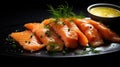Gravlax - Cured salmon with mustard sauce, thinly sliced on a dark slate