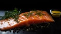 Gravlax - Cured salmon with mustard sauce, thinly sliced on a dark slate