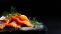 Gravlax - Cured salmon with mustard sauce, thinly sliced on a dark slate