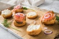 Gravlax a raw, marinated graved salmon with dill on bred roll bun with cream cheese, onion rings on tray with baking paper and